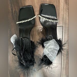 Coutgo Lace Up Black Feather & Rhinestone Women's Heeled Sandals